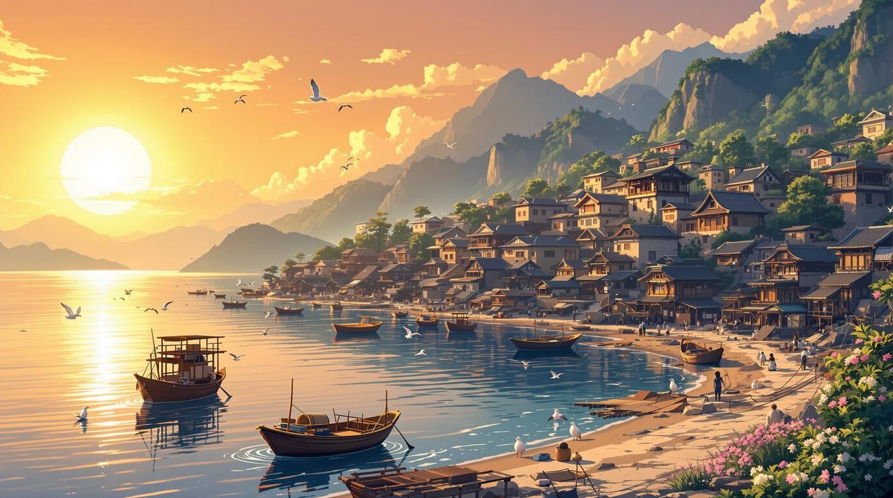 红果免费短剧 - 海边渔村温暖黄昏全景，金色夕阳下的渔港，停泊的小渔船，传统石屋与远山